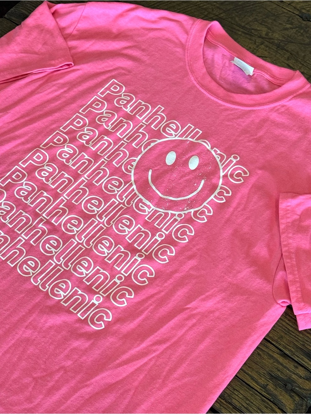Panhellenic Greek Life Pink Smiley Graphic Tee - College Sorority - Size Large